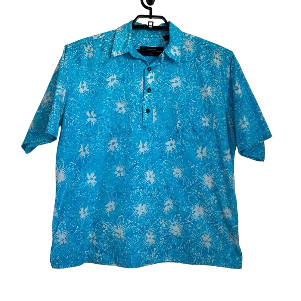 Pete Huntington Mens Bali Batik Hawaiian Floral Popover Shirt Large Blue White